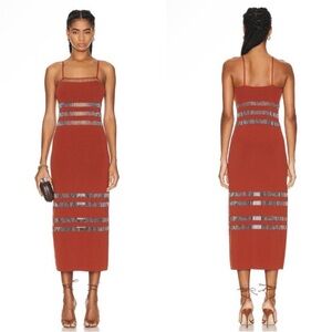 NWT Cult Gaia Olitan Tannin Rust Brown Beaded Knit Midi Bodycon Dress Large